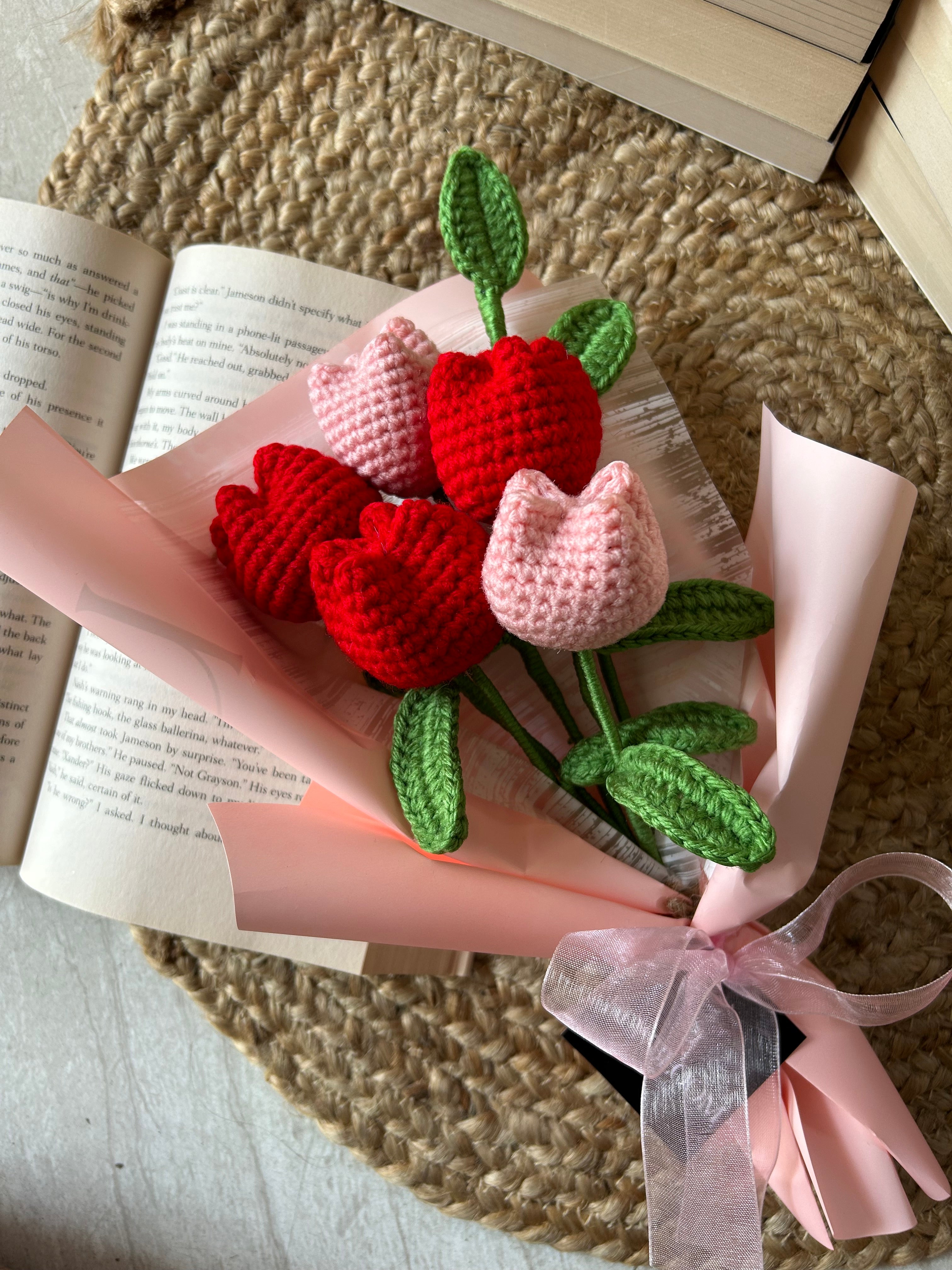 5 Red Pink Tulips + Leaf Strand