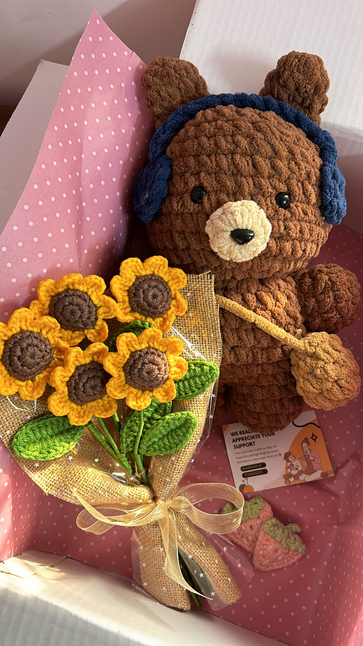 Teddy, sunflower bouquet and strawberry hair clips