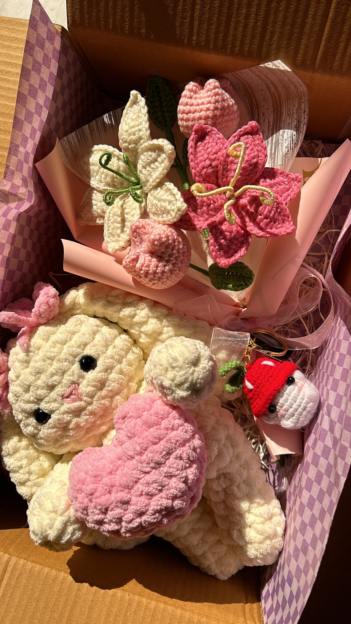 Combo - Bunny, Pink Wink Bouquet and Mushroom Keychain