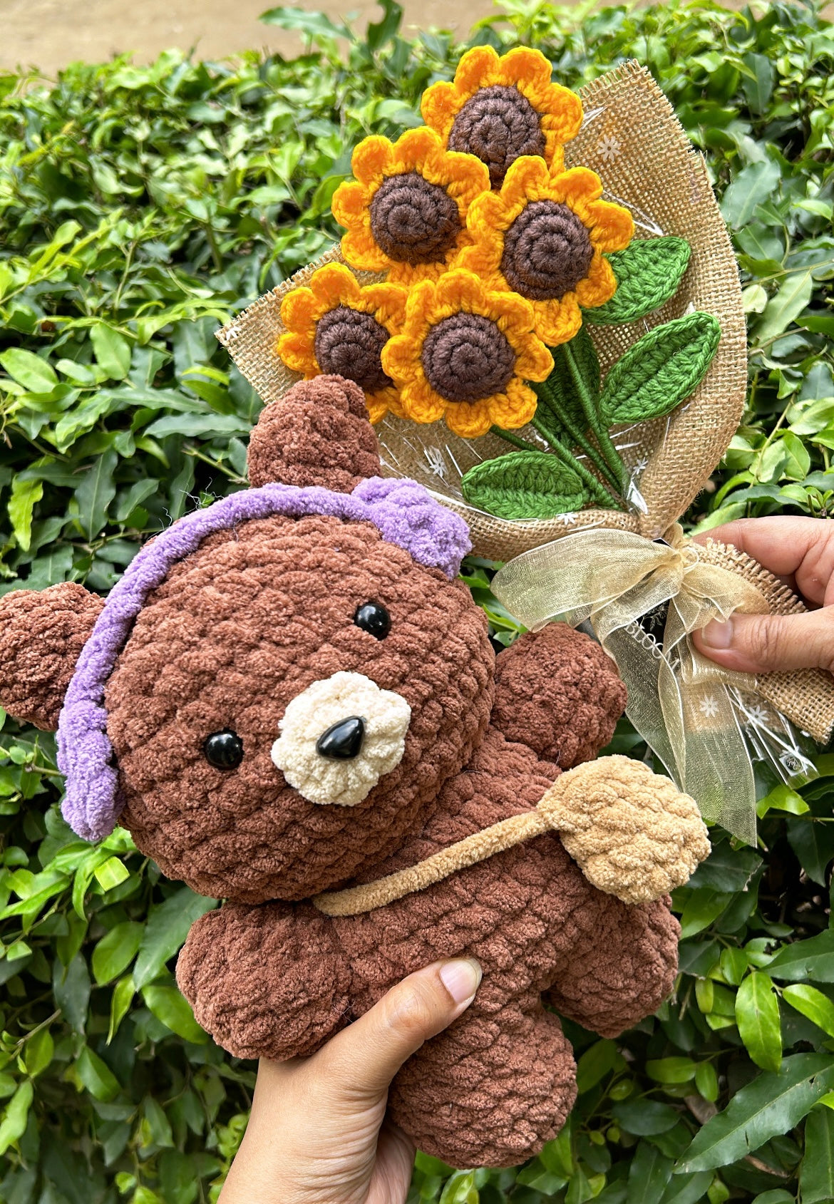 Teddy with Headphones and Sunflower Bouquet