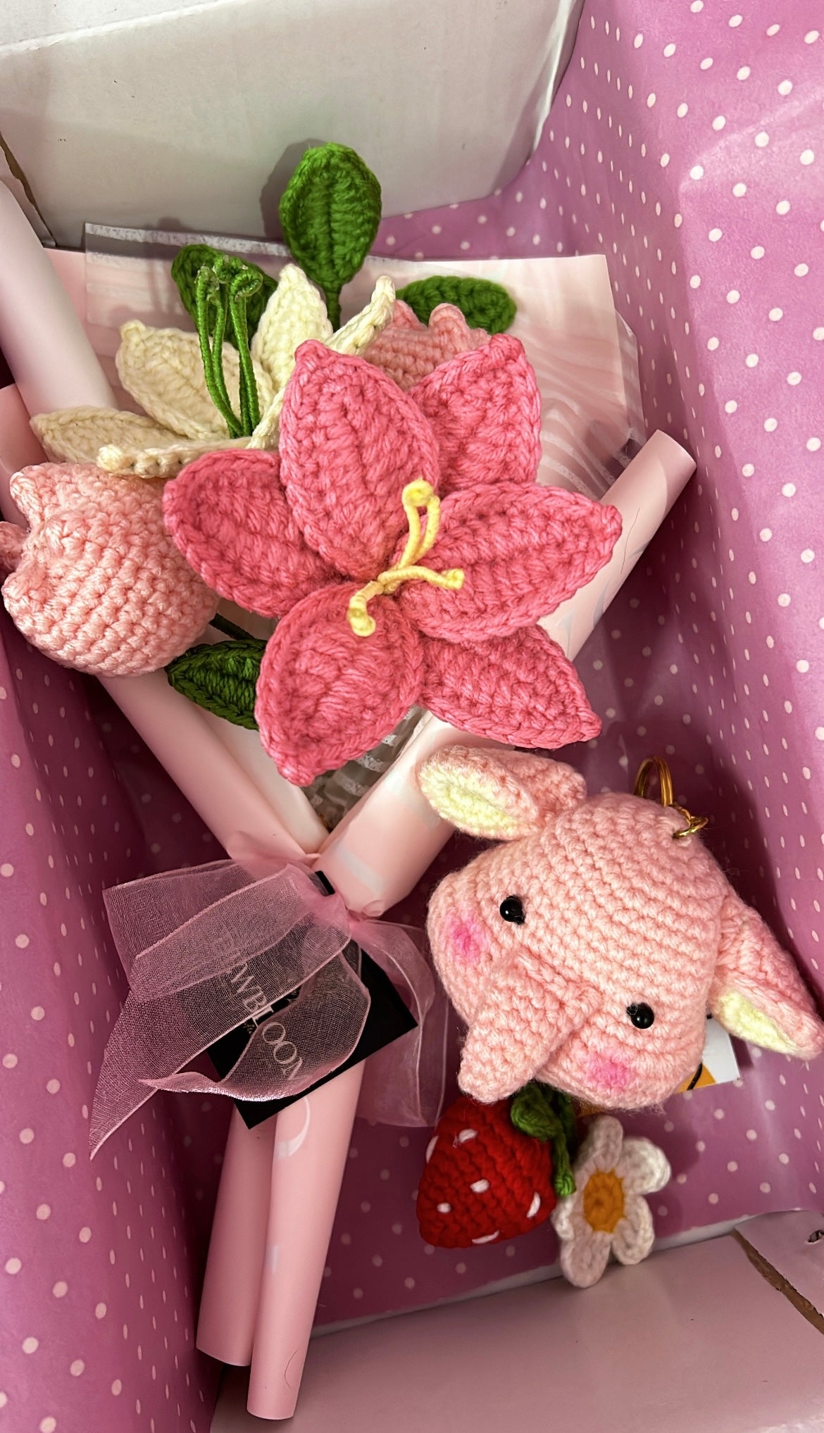 Pink Wink Bouquet, Elephant Keychain and Strawberry Bookmark
